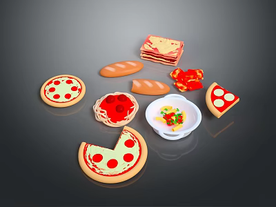 Assorted Fresh Food Collection Featuring Pizza Slices Bread Tomato And Salad Bowl 3d model