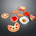 Assorted Fresh Food Collection Featuring Pizza Slices Bread Tomato And Salad Bowl