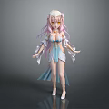 Anime Style Game Character With Pink White Long Hair Yellow Eyes And Blue White Outfit