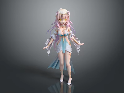 Anime Style Game Character With Pink White Long Hair Yellow Eyes And Blue White Outfit 3d model