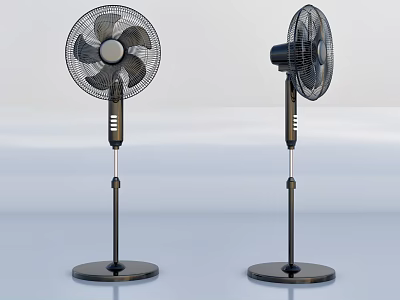 Two Black Standing Air Conditioner Fans With Metal Stand Base And Adjustable Height 3d model