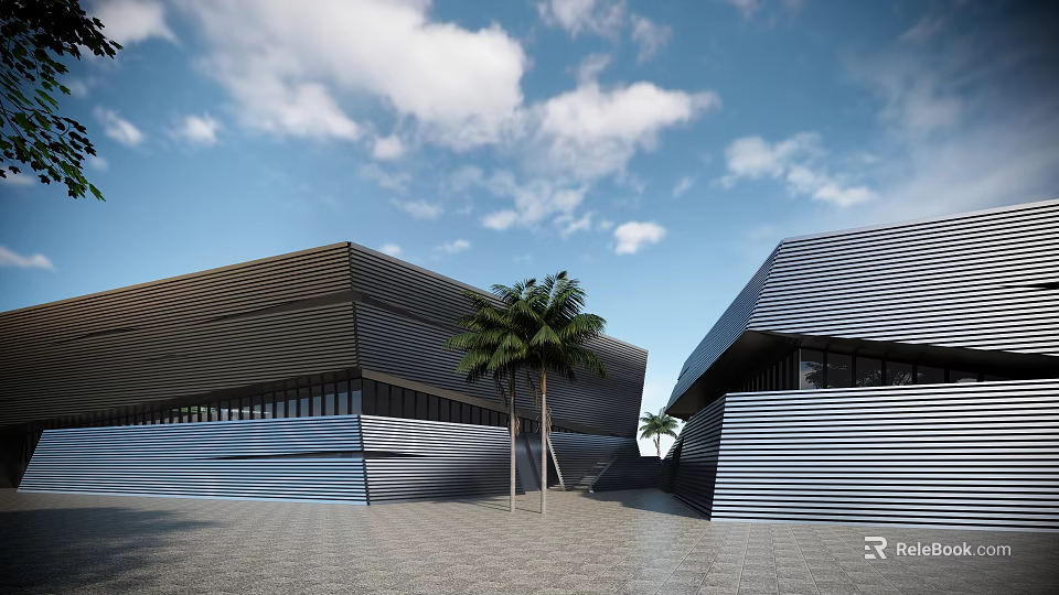 Modern Museum Building with Metal Material Geometric Design and Palm Trees under Blue Sky Plaza 3d model 