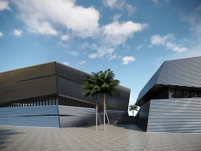 Modern Museum Building with Metal Material Geometric Design and Palm Trees under Blue Sky Plaza 3d model