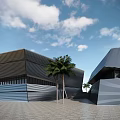 Modern Museum Building with Metal Material Geometric Design and Palm Trees under Blue Sky Plaza