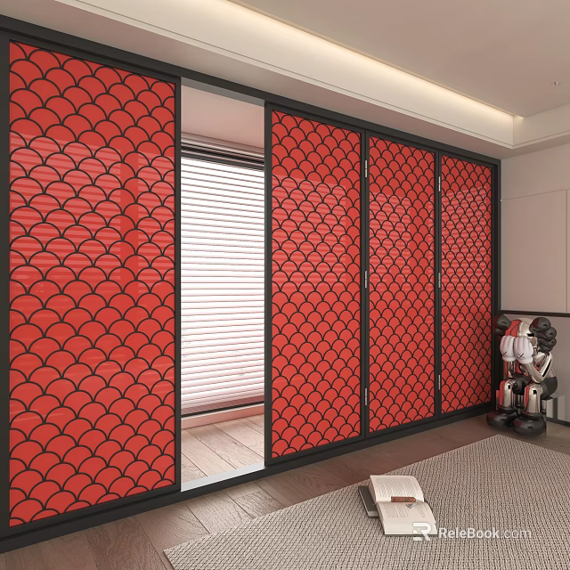 Red Scalloped Pattern Sliding Door Partition With Black Frame And Window Blinds 3d model