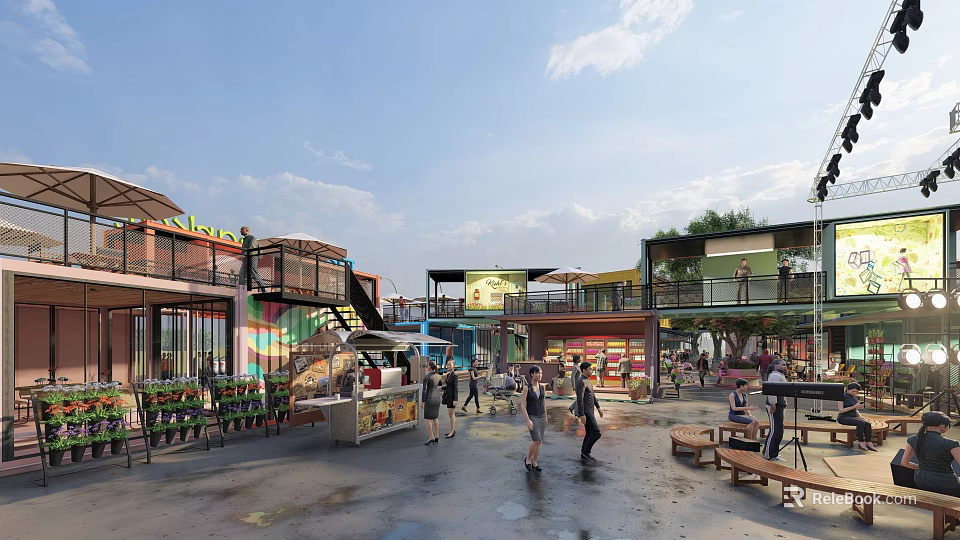 Vibrant Commercial Street With Colorful Buildings Open-air Shops Pedestrians And Bench Seats 3d model 