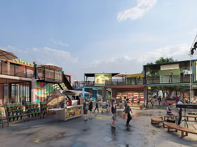 Vibrant Commercial Street With Colorful Buildings Open-air Shops Pedestrians And Bench Seats 3d model