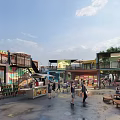 Vibrant Commercial Street With Colorful Buildings Open-air Shops Pedestrians And Bench Seats