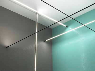 Modern Interior With Gray Teal Walls And Crisscross Linear Ceiling Lights 3d model