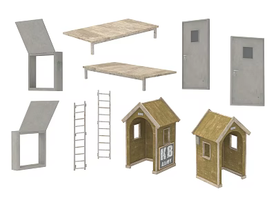 Industrial Equipment Including Metal Frames Wooden Tops Ladders And Cabin Structures 3d model