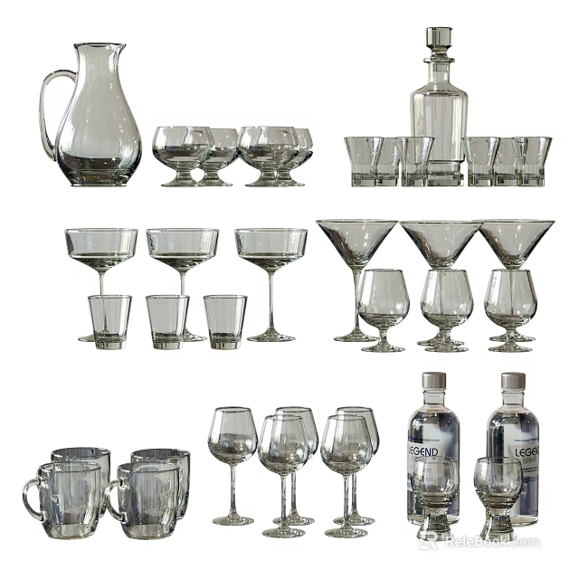 Various Glass Cups Including Wine Martini Glasses Pitcher And Bottles Collection 3d model 