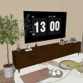 Modern Brown TV Stand With TV Decorations And Green Plant In Living Room