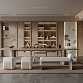 Minimalist Wooden Tea Room Interior With Shelves Tea Sets And Comfortable Seats