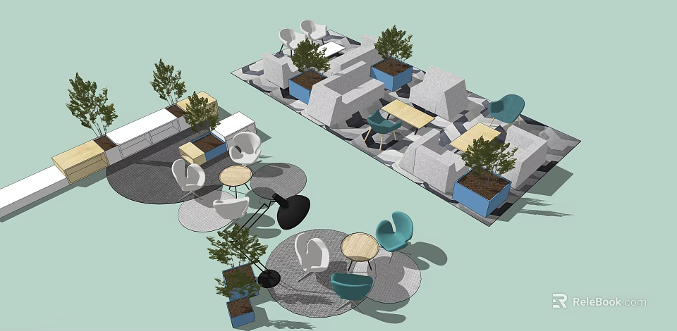 Modern Outdoor Table and Chair Set with Blue Chairs Light Tables and Green Plants 3d model 