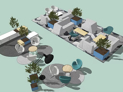 Modern Outdoor Table and Chair Set with Blue Chairs Light Tables and Green Plants 3d model