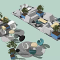Modern Outdoor Table and Chair Set with Blue Chairs Light Tables and Green Plants
