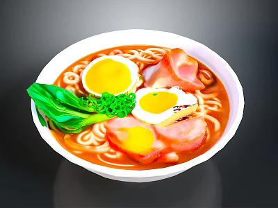 Delicious Ramen Bowl With Soft Boiled Eggs Ham Slices Green Vegetables And Noodles 3d model