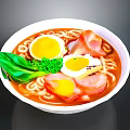 Delicious Ramen Bowl With Soft Boiled Eggs Ham Slices Green Vegetables And Noodles