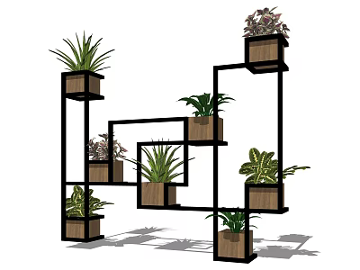 Modern Garden Decor With Geometric Black Shelves And Potted Green Plants 3d model