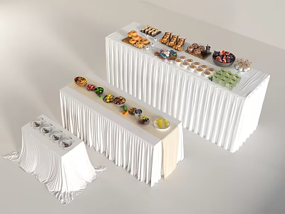 Long Dining Tables With White Tablecloths Featuring Fruits Desserts And Drinks 3d model