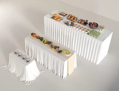 Long Dining Tables With White Tablecloths Featuring Fruits Desserts And Drinks 3d model