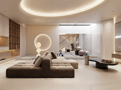 Modern Luxury Home Theater With Curved Sofa Circular Ceiling Light TV Bookshelf And Open Space 3d model