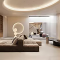 Modern Luxury Home Theater With Curved Sofa Circular Ceiling Light TV Bookshelf And Open Space