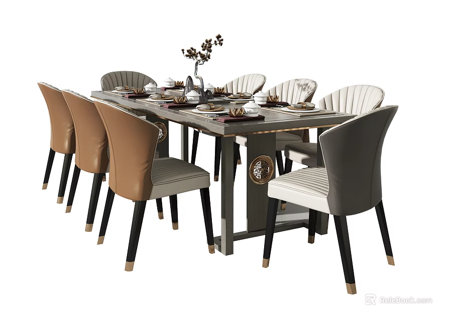 Modern Dining Table Set With Upholstered Brown Gray Chairs And Vase Tableware 3d model 