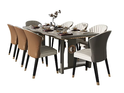 Modern Dining Table Set With Upholstered Brown Gray Chairs And Vase Tableware 3d model