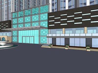 Modern Commercial Complex Exterior With Glass Curtain Walls Entrance Canopy And Plaza Greenery 3d model