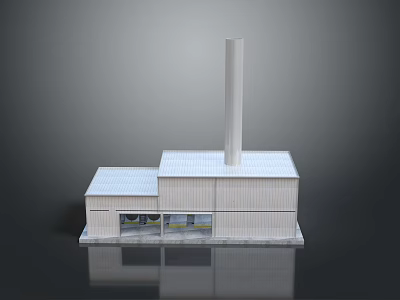 Modern White Factory Building Model With Chimney Windows And Reflective Base 3d model