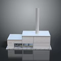 Modern White Factory Building Model With Chimney Windows And Reflective Base