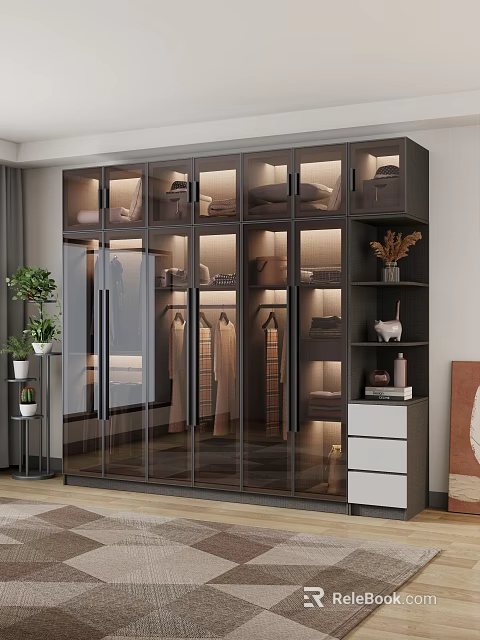 Modern Glass Door Wardrobe Interior With LED Lighting Shelves Hanging Rods And Decorative Plants 3d model 