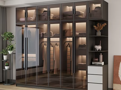 Modern Glass Door Wardrobe Interior With LED Lighting Shelves Hanging Rods And Decorative Plants 3d model