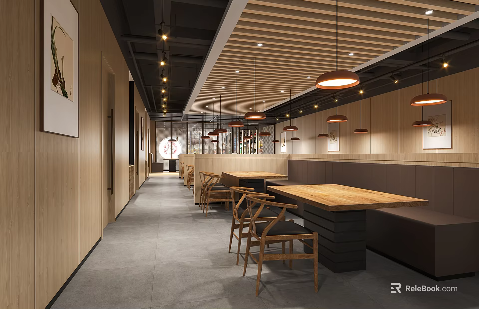 Modern Restaurant Interior With Wooden Ceiling Pendant Lights Long Tables Bench Seating And Decorative Paintings 3d model 
