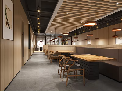 Modern Restaurant Interior With Wooden Ceiling Pendant Lights Long Tables Bench Seating And Decorative Paintings 3d model