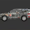 Mitsubishi SUV With Camouflage Exterior And Decorative Stickers On Dark Background