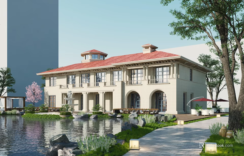 Sales Office Building With Red Roof Arched Doors By Water Pond And Green Plants 3d model 