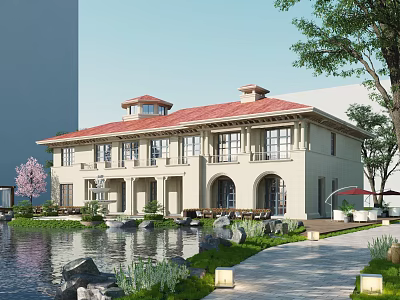 Sales Office Building With Red Roof Arched Doors By Water Pond And Green Plants 3d model