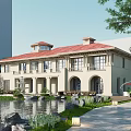 Sales Office Building With Red Roof Arched Doors By Water Pond And Green Plants