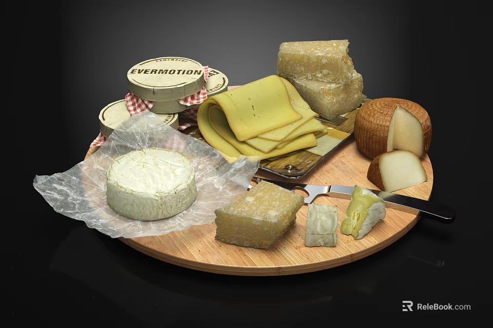Assorted Cheese Selection on Wooden Board with Knife and Different Textures 3d model