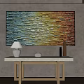 Modern Interior With Large Colorful Striped Painting Wooden Table Lamp Vase And Window