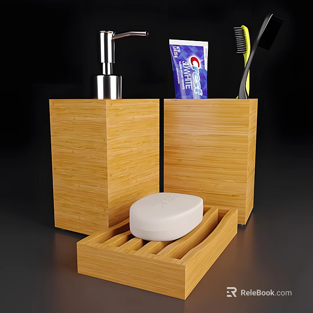 Bamboo Bathroom Accessories Set Including Soap Dish Toothbrush Holder Dispenser With Soap Toothpaste And Toothbrush 3d model 