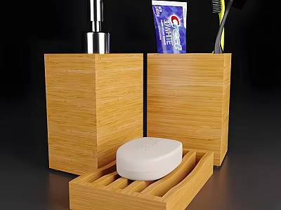 Bamboo Bathroom Accessories Set Including Soap Dish Toothbrush Holder Dispenser With Soap Toothpaste And Toothbrush 3d model