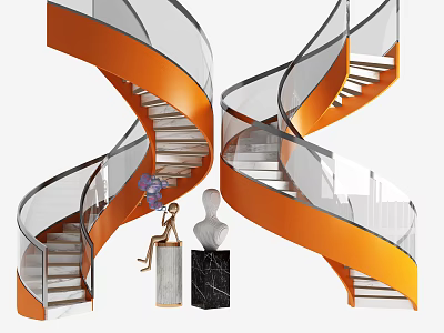 Modern Orange Spiral Staircase With Glass Railings Decorative Sculptures And Flower Bouquet 3d model