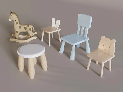 Wooden Kids Chairs with Playful Animal Shapes Rabbit Ear Bear Design and Light Blue Style 3d model