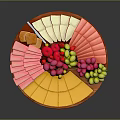 Round Colorful Wooden Platter With Sliced Ham Cheese Grapes And Strawberries