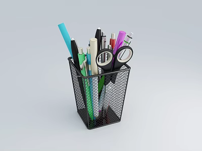 Black Mesh Pen Holder With Various Colored Pens Scissors And Tape On Desk 3d model