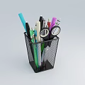 Black Mesh Pen Holder With Various Colored Pens Scissors And Tape On Desk