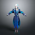 Elegant White Haired Fantasy Game Character In Blue Robe With Golden Details And Flowing Design
